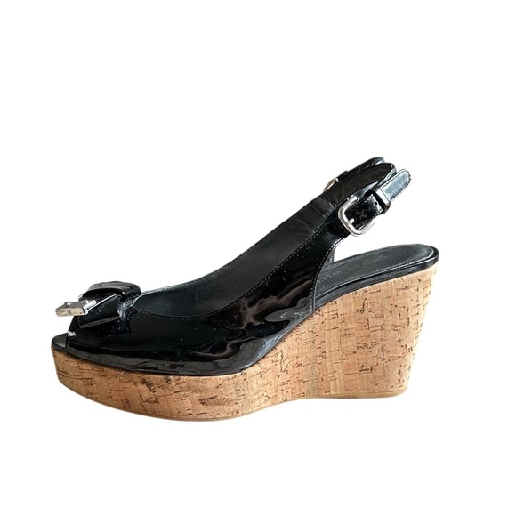Stuart Weitzman Black Bodajean Bow Patent Leather Wedge Sandals Size 8.5 - Picture 4 of 10